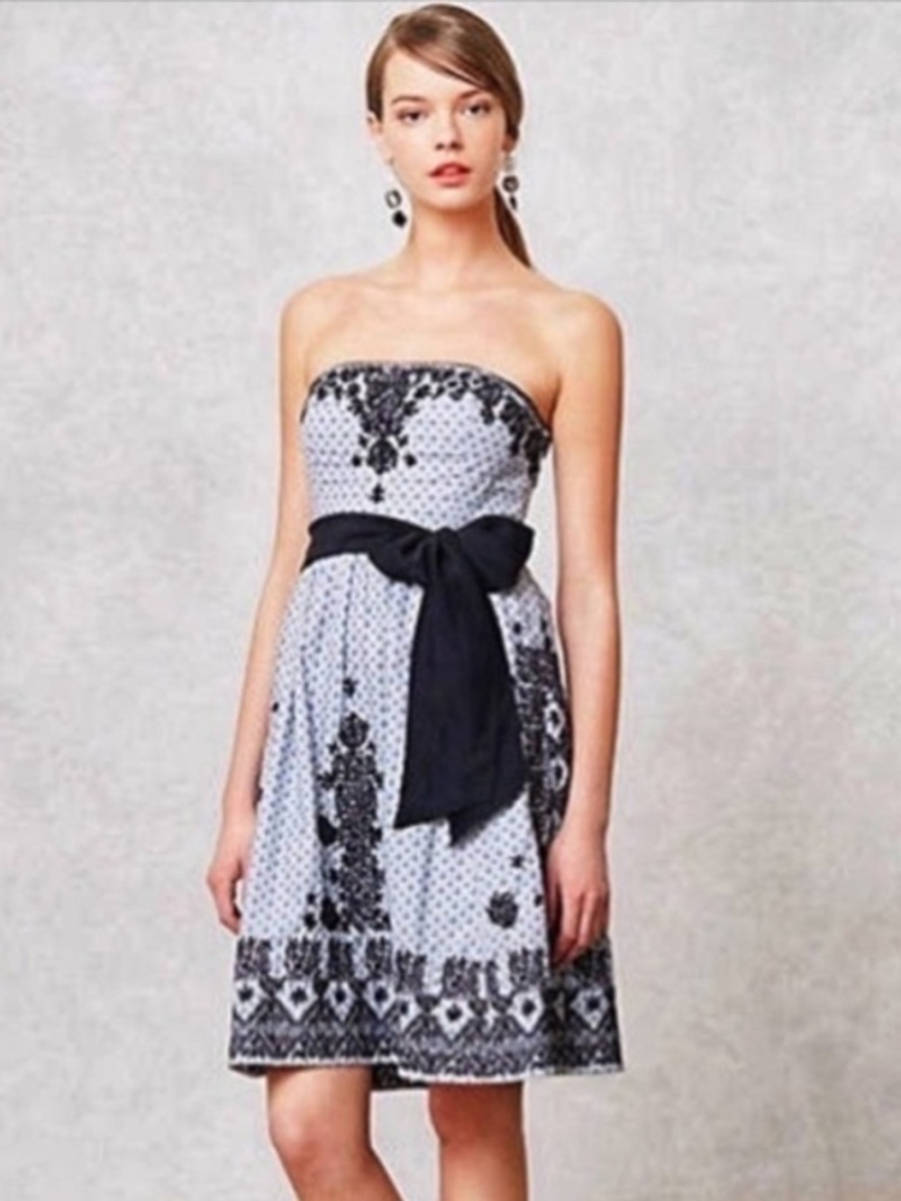 Moulinette Soeurs Anthropologie Strapless Embroidered Blue White Black Dress 14